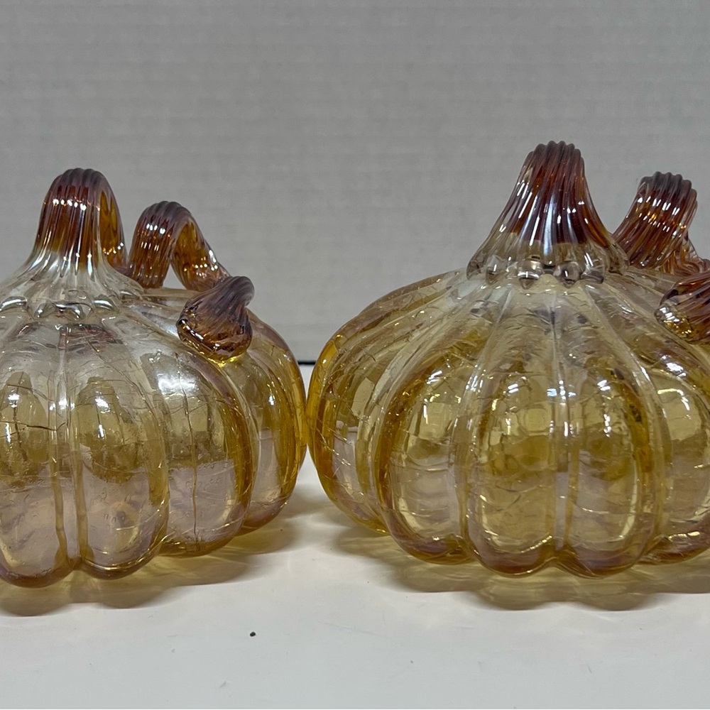 Set of Two Amber Art Glass Pumpkins Hand Blown Coiled Stems with Crackle Finish